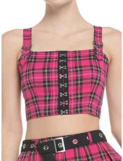 Flash Sale 🤩 Hot Pink Tartan Hook-And-Eye 👧 Girls Crop Tank Top 🛒