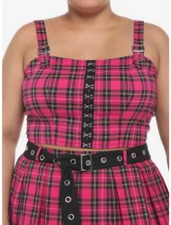 Budget 🔥 Hot Pink Tartan Hook-And-Eye 👧 Girls Crop Tank Top Plus Size 🌟