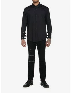 Discount 🔥 Black Grommet Strap Long-Sleeve Woven Button-Up ✔️ -HT Style Outlet Store 19438220 av1