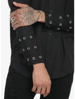 Discount 🔥 Black Grommet Strap Long-Sleeve Woven Button-Up ✔️ -HT Style Outlet Store 19438220 av3