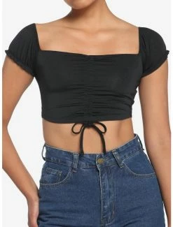 Wholesale 🔥 Black Ruched Puff Sleeve 👧 Girls Crop Top 🤩