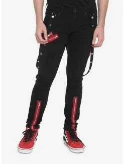 Top 10 🛒 HT Denim Red Zipper Stinger 👖 Jeans With Grommet Suspenders 🎉