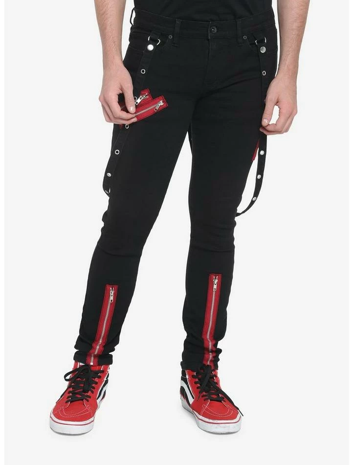 Top 10 🛒 HT Denim Red Zipper Stinger 👖 Jeans With Grommet Suspenders 🎉 3 Top 10 🛒 HT Denim Red Zipper Stinger 👖 Jeans With Grommet Suspenders 🎉