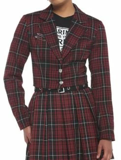 Wholesale 🔥 Dark Red Plaid Crop 👧 Girls Blazer 👏