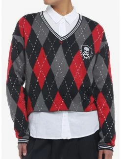 Cheapest 🎉 Skull Crest Argyle V-Neck 👧 Girls Sweater 🔔