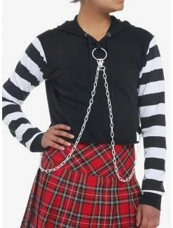 Best Pirce 🔔 Black & White Chain Stripe Crop 👧 Girls Hoodie 😀
