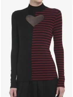 Promo ๐ Black & Burgundy Stripe Split Heart Cutout Mockneck ๐ง Girls Long-Sleeve Top ๐