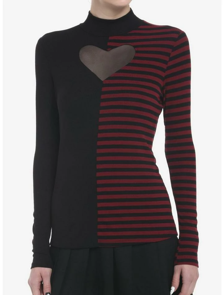 Promo 👏 Black & Burgundy Stripe Split Heart Cutout Mockneck 👧 Girls Long-Sleeve Top 😀 3 Promo 👏 Black & Burgundy Stripe Split Heart Cutout Mockneck 👧 Girls Long-Sleeve Top 😀