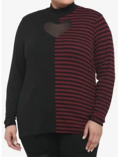 Budget 💯 Black & Burgundy Stripe Split Heart Cutout Mockneck 👧 Girls Long-Sleeve Top Plus Size 🤩