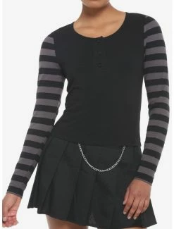 Cheapest 👍 Black & Grey Stripe 👧 Girls Crop Long-Sleeve Henley ⭐