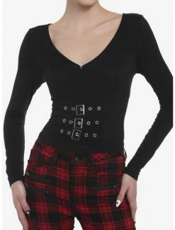 Best Sale ✨ Black Buckles V-Neck 👧 Girls Long-Sleeve Top 💯