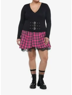 Discount 💯 Black Buckles V-Neck 👧 Girls Long-Sleeve Top Plus Size 🥰 -HT Style Outlet Store 19483250 av1