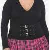 Discount 💯 Black Buckles V-Neck 👧 Girls Long-Sleeve Top Plus Size 🥰 -HT Style Outlet Store 19483250 hi