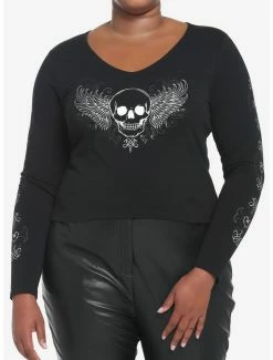 Top 10 ⌛ Winged Skull Crop 👧 Girls Long-Sleeve T-Shirt Plus Size 🤩