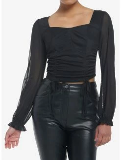 Best Sale 😀 Black Sheer 👧 Girls Crop Peasant Top 💯