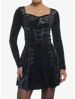 Coupon 💯 Velvet Black Corset Lace-Up 👧 Girls Crop Long-Sleeve ❤️
