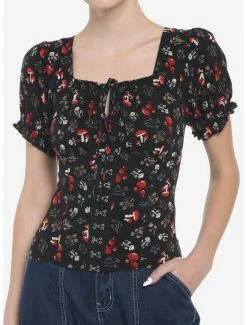 Hot Sale ✔️ Mushrooms Allover Print Puff Sleeve 👧 Girls Top ⭐