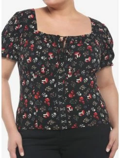 Cheap 🌟 Mushrooms Allover Print Puff Sleeve 👧 Girls Top Plus Size 💯