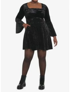Discount 👏 Black Crushed Velvet Bell-Sleeve Mini 👗 Dress Plus Size 🔔 -HT Style Outlet Store 19501457 av1