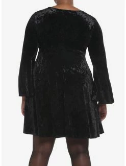 Discount 👏 Black Crushed Velvet Bell-Sleeve Mini 👗 Dress Plus Size 🔔 -HT Style Outlet Store 19501457 av2