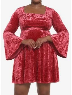 New 🎉 Red Crushed Velvet Bell-Sleeve Mini 👗 Dress Plus Size 🤩