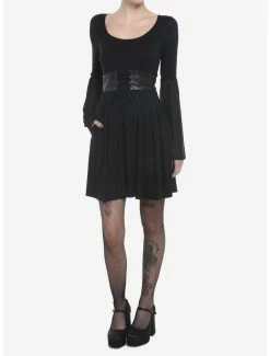 Discount 🤩 Black Satin Corset Bell Long-Sleeve 👗 Dress 😍 -HT Style Outlet Store 19501934 av1