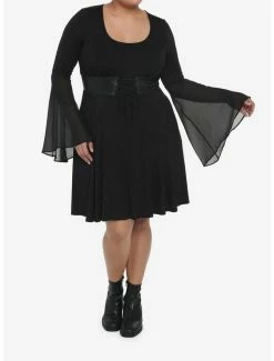 Cheapest 😉 Black Corset Bell Long-Sleeve 👗 Dress Plus Size 🎁 -HT Style Outlet Store 19501942 av1