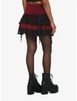 Best deal 🛒 Burgundy Lace & Grommets Tiered 👗 Skirt 🔔 -HT Style Outlet Store 19502041 av1