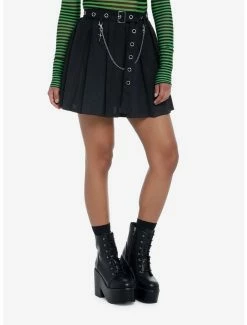Cheapest 👍 Black Front Chain & Grommet Belt Pleated 👗 Skirt 🔔