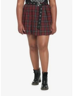 Flash Sale โค๏ธ Dark Red Plaid Pleated ๐ Skirt With Grommet Belt Plus Size ๐