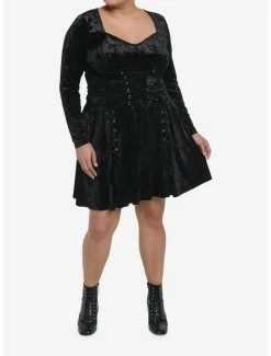 Cheap 🔥 Crushed Black Velvet Lace-Up Skater 👗 Skirt Plus Size 🔔 -HT Style Outlet Store 19510189 av2