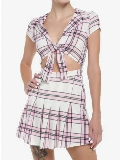 Coupon 🌟 Pink & White Plaid Tie-Front Cutout 👗 Dress ✔️