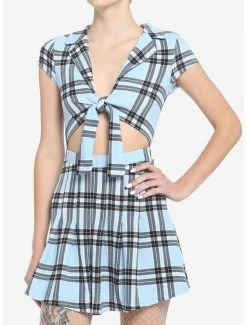 Top 10 ❤️ Light Blue Plaid Tie-Front 👗 Dress ⭐