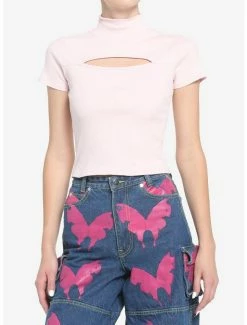 Best Sale ✨ Baby Pink Mock Neck Cutout 👧 Girls Crop Top ✔️