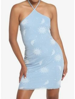 Buy 🎁 Light Blue Celestial Mesh Halter Mini 👗 Dress 😉 -HT Style Outlet Store 19570622 av5