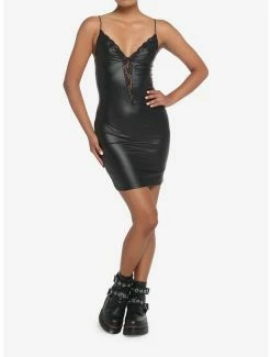 Coupon ❤️ Black Faux Leather Lace V-Neck Mini 👗 Dress 👍 -HT Style Outlet Store 19570634 av1