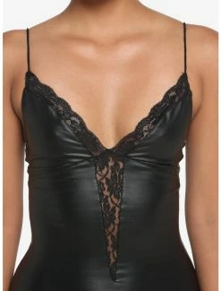 Coupon ❤️ Black Faux Leather Lace V-Neck Mini 👗 Dress 👍 -HT Style Outlet Store 19570634 av3