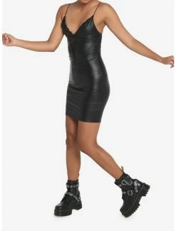Coupon ❤️ Black Faux Leather Lace V-Neck Mini 👗 Dress 👍 -HT Style Outlet Store 19570634 av4