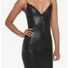 Coupon ❤️ Black Faux Leather Lace V-Neck Mini 👗 Dress 👍 -HT Style Outlet Store 19570634 hi