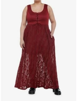Cheapest 😍 Burgundy Skulls Lace-Up Maxi 👗 Dress Plus Size 🛒