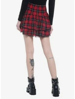Best Pirce 🎉 Red Plaid Grommet Straps Tiered 👗 Skirt ✨ -HT Style Outlet Store 19718013 av1