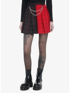 Best Sale 💯 Red & Black Split Plaid Chains Pleated 👗 Skirt ❤️