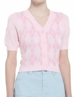 Best Pirce 🎉 Pink Argyle 👧 Girls Crop Cardigan 👏