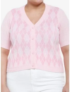 Cheap 🔔 Pink Argyle 👧 Girls Crop Cardigan Plus Size 🔥
