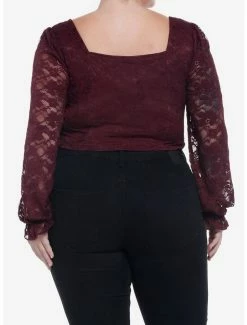 Budget 🔔 Maroon Lace Poet 👧 Girls Long-Sleeve Crop Top Plus Size 😍 -HT Style Outlet Store 19756221 av2