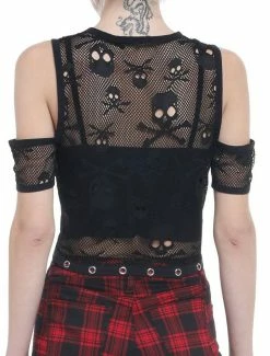 Best Pirce 🛒 Skull Fishnet Cold Shoulder 👧 Girls Crop Top 👏 -HT Style Outlet Store 19756258 av2