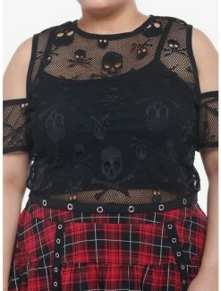 Budget ✔️ Skull Fishnet Cold Shoulder 👧 Girls Crop Top Plus Size 💯