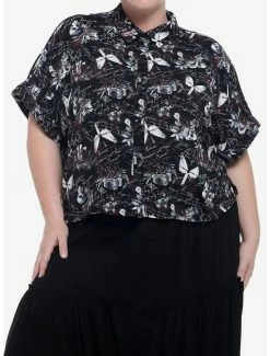 Flash Sale 🛒 Dark Romance Script Boxy 👧 Girls Crop Woven Button-Up Plus Size ❤️
