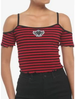 Deals ⌛ Black & Red Stripe Heart Cold Shoulder 👧 Girls Top ⌛