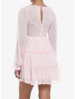 Deals ✨ Pink Swiss Dot Tiered Long-Sleeve Peasant 👗 Dress ⭐ -HT Style Outlet Store 19965587 av2